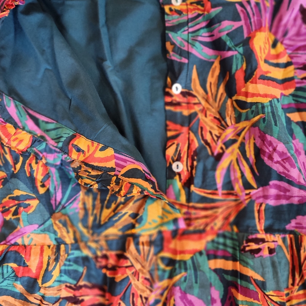 Tropical Button-Front Dress in Teal with Multicolor Floral Print